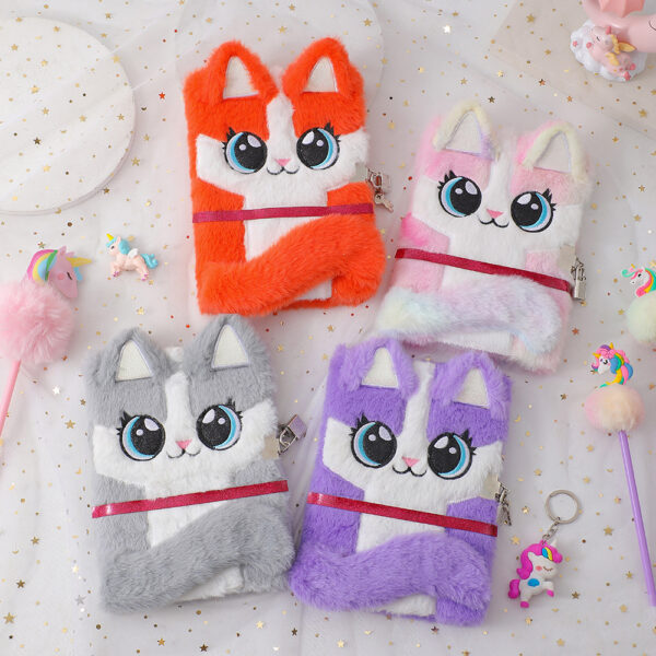 Wholesale Stylish Plush Cartoon Fox Notebook with Lock for Kids, Diary Gift, 80 Pages Pink