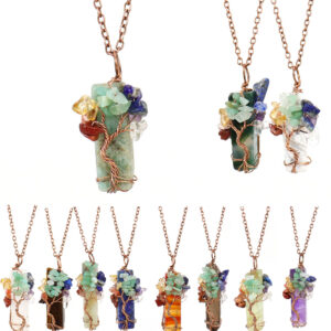 Wholesale Tree of Life Leaves Design Agate Pendant Necklace, Natural Stone, Hand-Woven, Jewelry Accessory