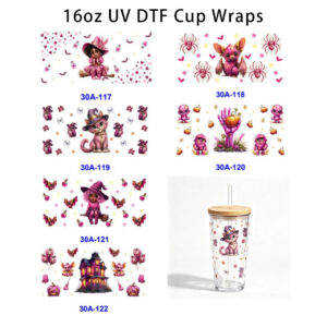 Wholesale 5pcs Pink Gothic Witch Cat Pumpkin 16oz Cup UV DTF Wraps