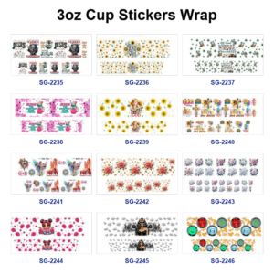 Wholesale 8pcs Mixed Sunflower Rose Quote Cartoon Print 3oz Cup Stickers Wrap
