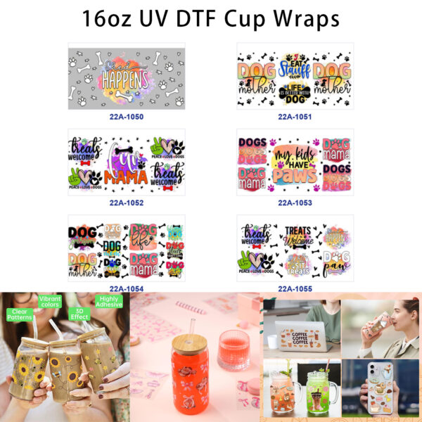 oly-d44a2a28e8d488664897dd237503052d Wholesale 5pcs Warm Watercolor Dog Paw Bone Pet Lettering Mixed Decor Prints 16oz Cup UV DTF Wraps