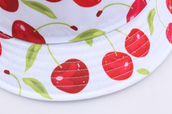 oly-d4ef2e7e557baea8e23055433ef9a75a Wholesale Chic Cherry Print Fisherman Hat Flat Top Curling Brim Cotton Polyester Summer Hat Resale