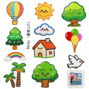 Travel-themed fabric patches, set A (12 pieces)