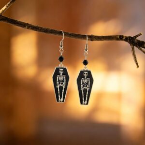 Coffin skull pendant ear hooks - black pair