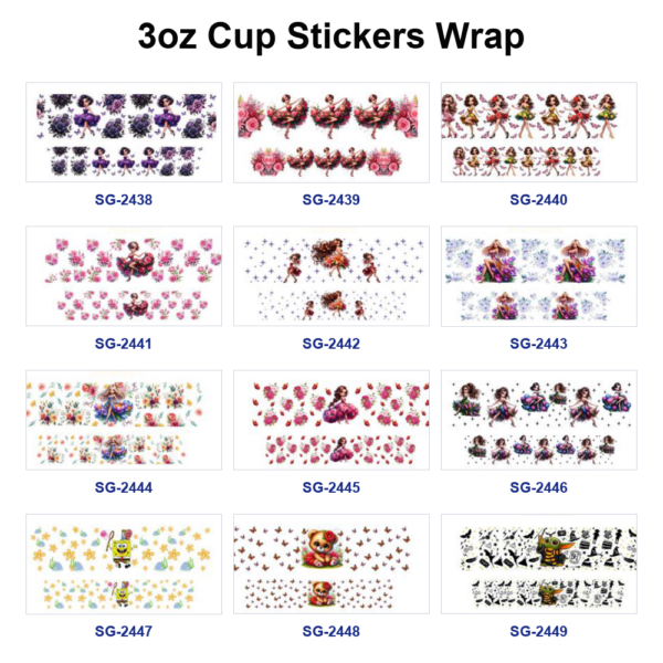 Wholesale 8pcs Mixed Floral Fashion Lady Cartoon Print 3oz Cup Stickers Wrap OLY Exclusive