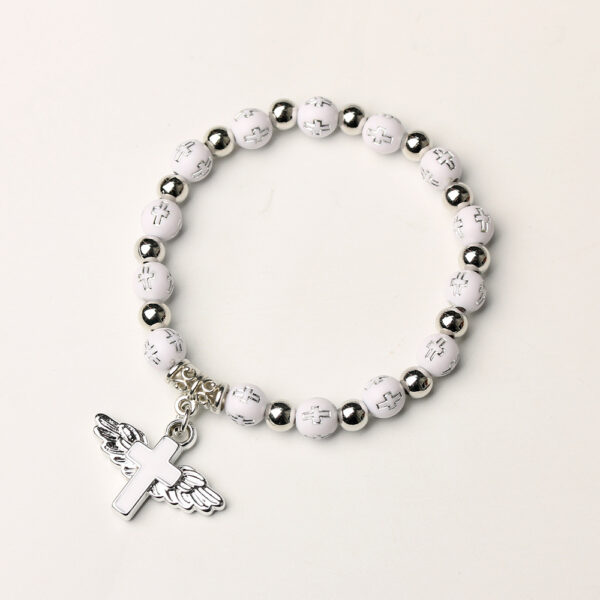 Wholesale Trendy Cross Bracelet Elastic Acrylic White Silver Beads Angel Design Fashion Accessory