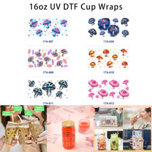 Wholesale 5pcs Psychedelic Watercolor Mushroom Lightning Star Candy Flower Mixed Decor Prints 16oz Cup UV DTF Wraps