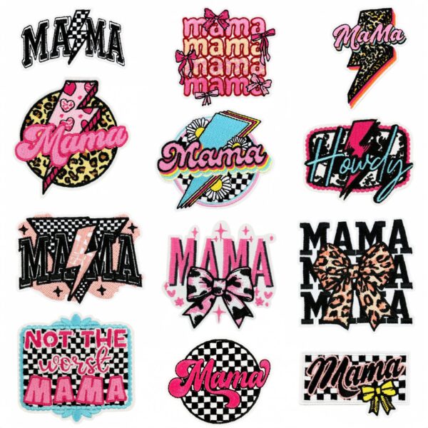 Wholesale Trendy MAMA Series Plaid Leopard Lightning Embroidery Iron-On Patches - 12 Pieces, DIY Hat Decoration Accessory
