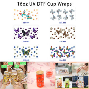 oly-dc649b1865d4f37021d38b9d297fe0f1 Wholesale 5pcs Watercolor Multi Style Butterfly Floral Steampunk Peacock Feather Mixed Decor Prints 16oz Cup UV DTF Wraps