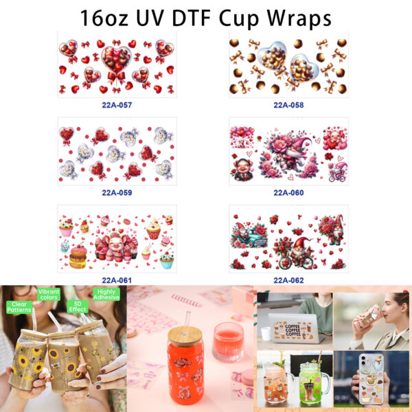 oly-dd04f39953c335d4756f08ba07129473 Wholesale 5pcs Valentine Heart Chocolate Berry Gnome Pig Cupcake Rose Mixed Romantic Print 16oz Cup UV DTF Wraps