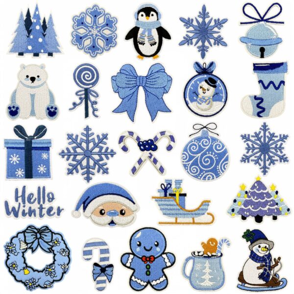 Wholesale Trendy Winter Cartoon Embroidered Patches Snowman Penguin Blue Embroidery Badges DIY Accessory