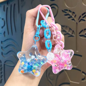 Wholesale Acrylic Five pointed Star Keychain Oil filled Bubble Bead Design, Stylish Bag Charm for Business Gifts