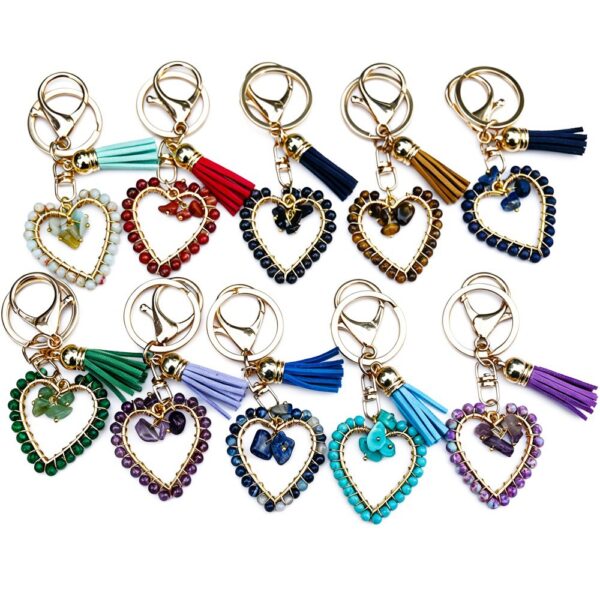 Wholesale Chic Natural Stone Heart Tassel Keychain Amethyst, DIY Bag Charm for Resale