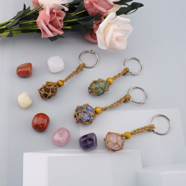 oly-de71a795bfc2b64afc1ed613930b6ce5 Wholesale Natural Amethyst Tiger Stone Keychain Adjustable Mesh Bag Charm Decorative Key Ring