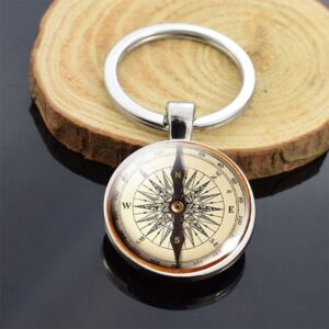 Wholesale Vintage Compass Keychain Metal Double Sided Glass Pendant Fashion Accessory Gift