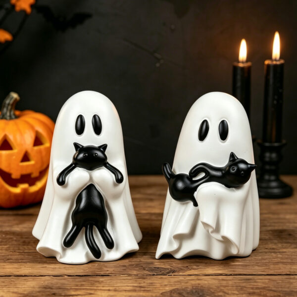 Wholesale Resin Ghost Black Cat Figurine Halloween Home Decor Decorative Accent Gift