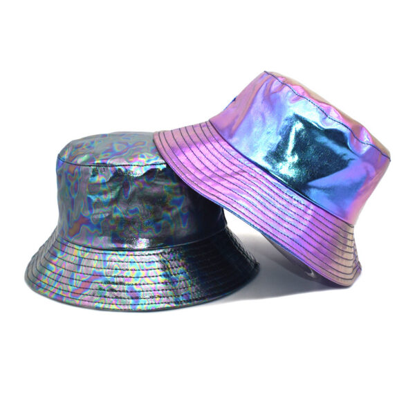 Wholesale PU Leather Holographic Fisherman Hat Sun Protection Wide Brim Flat Top Boutique Summer Hat for Men Women