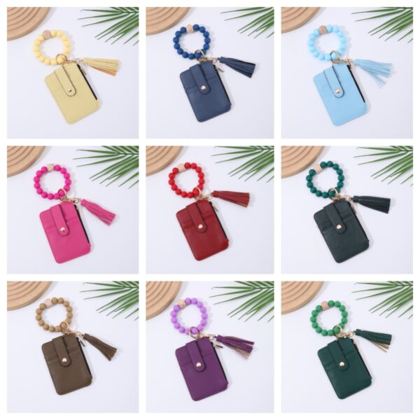 oly-e00c5e1880b5d6dd7e05b9dd4f136a15 Wholesale PU Leather Tassel Keychain Wallet with Silicone Beads Card Holder for Women