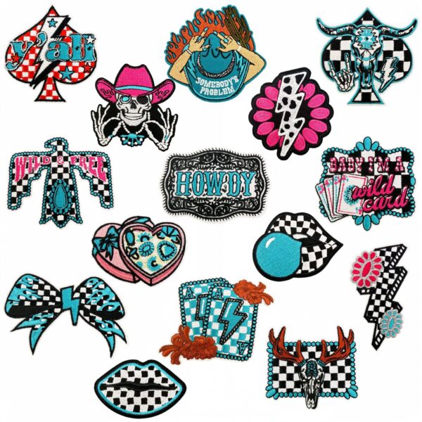 oly-e0e904ad41d25b86819fc5a546b61fbe Wholesale Western Cowboy Patch Set - Cartoon Cow Skull & Checkerboard Embroidery - 15 Pieces DIY Craft Supply for Resale
