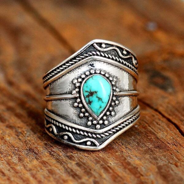 Wholesale Bohemian Teardrop Turquoise Irregular Ring, Alloy Electroplated Jewelry Accessory for Wedding Gift