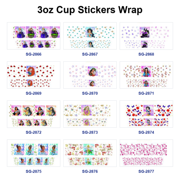 Wholesale 8pcs Fairytale Cartoon Character Mixed Print 3oz Cup Stickers Wrap OLY Exclusive