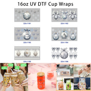 Wholesale 5pcs Cool Silver Light Blue Minimalist Christmas Bauble Bow Snowflake Star Snowman Santa Leaf Grid Mixed Decor Prints 16oz Cup UV DTF Wraps