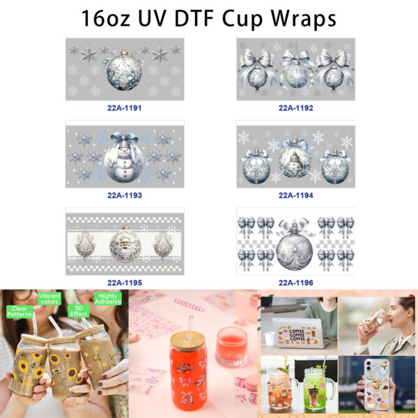 oly-e331eb2bd17521723a18f5991cee9e0f Wholesale 5pcs Cool Silver Light Blue Minimalist Christmas Bauble Bow Snowflake Star Snowman Santa Leaf Grid Mixed Decor Prints 16oz Cup UV DTF Wraps