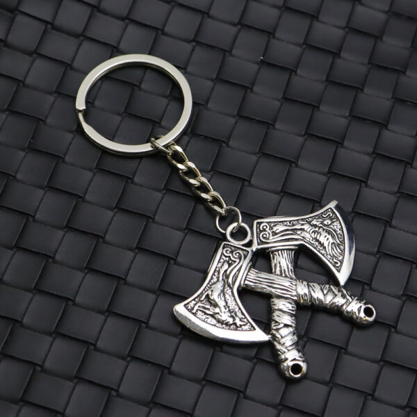 Wholesale Silver Metal Viking Rune Double Axe Keychain Trendy Wolf Head Eagle Pattern Key Pendant Gift