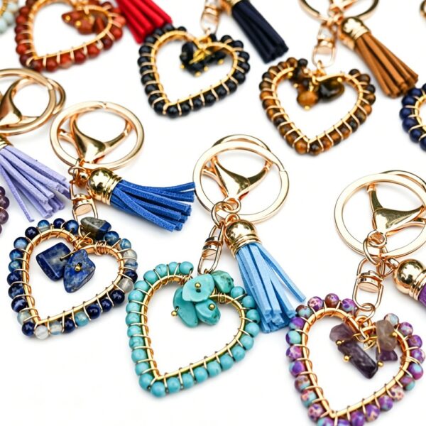 Wholesale Chic Natural Stone Heart Tassel Keychain Amethyst, DIY Bag Charm for Resale