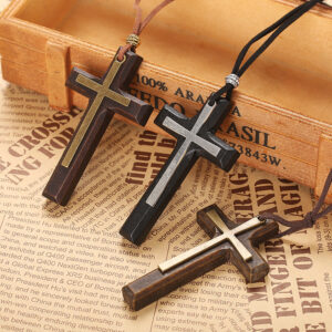 Wholesale Handmade Wood Alloy Cross Pendant Necklace Double Layer Rope Chain Jewelry Accessory for Couples Boutique Resale