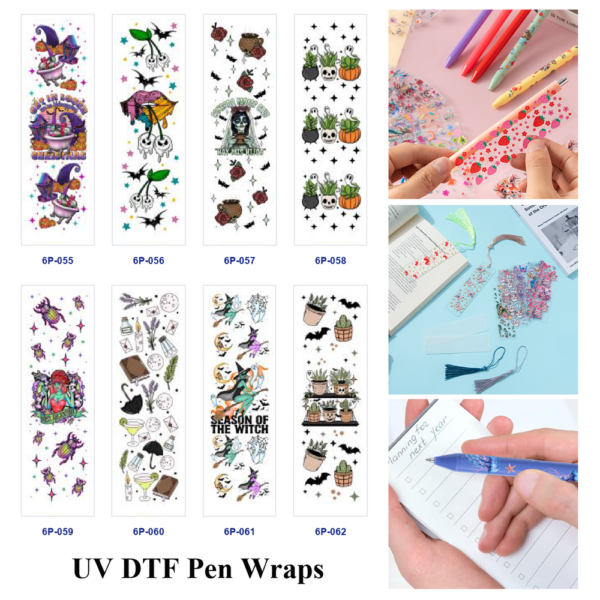 Wholesale 2/8/16pcs UV DTF Stickers Witch Skull Bat and Plant Print Pen and Bookmark Stickers
