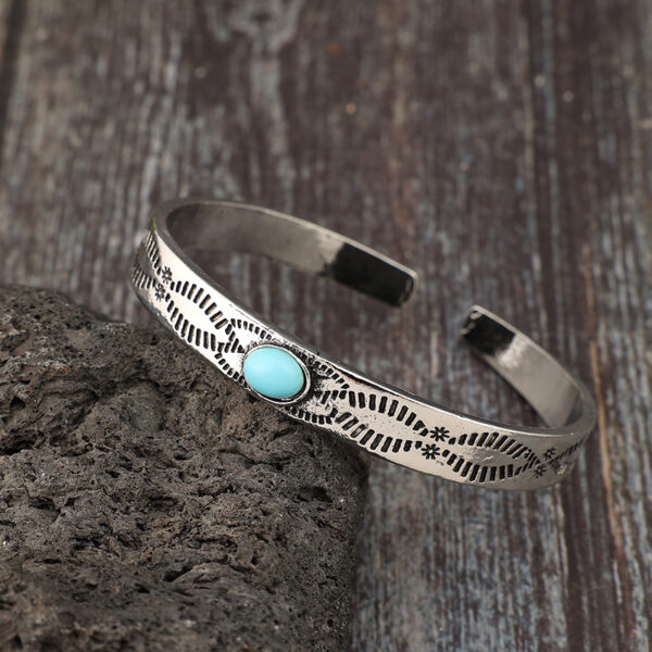 Wholesale Vintage Silver Alloy Turquoise Pattern Bangle Bracelet, Bohemian Geometric Jewelry Accessory for Everyday Wear