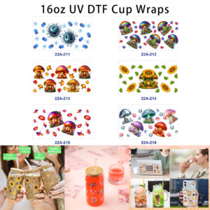 Wholesale 5pcs Fairy Mushroom House Rainbow Sunflower Floral Water Splash Crystal Mixed Print 16oz Cup UV DTF Wraps