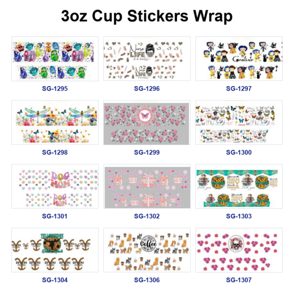 Wholesale 8pcs Mixed Cartoon Character Floral Western Cow Skull Print 3oz Cup Stickers Wrap OLY Exclusive