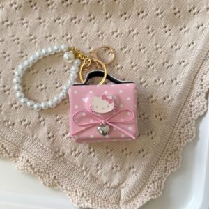 Pink polka dot cat head earphone bag + bead chain