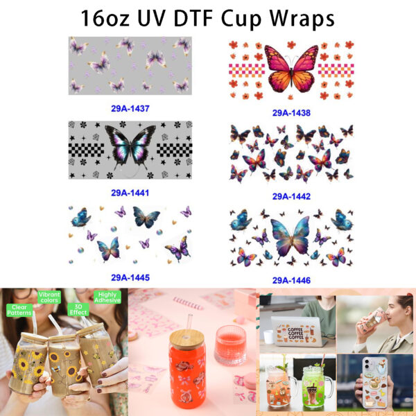 Wholesale 16oz Colorful Butterfly Cup DTF Wraps