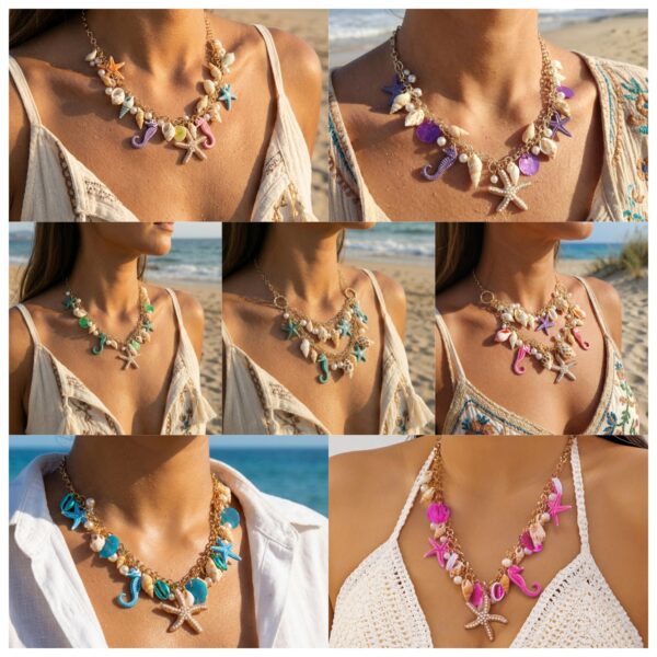 oly-e7b570d77e23f1ab2dfd2765ec9f0b85 Wholesale Beach Theme Shell Starfish Seahorse Pendant Necklace Bracelet Anklet Set Fashion Accessory Gift