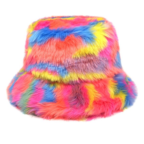 Wholesale Faux Fur Rainbow Gradient Tie Dye Bucket Hat Winter Fashion Accessory