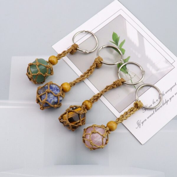 oly-e7f751a652e1cd19d11fab4b66fa0843 Wholesale Natural Amethyst Tiger Stone Keychain Adjustable Mesh Bag Charm Decorative Key Ring