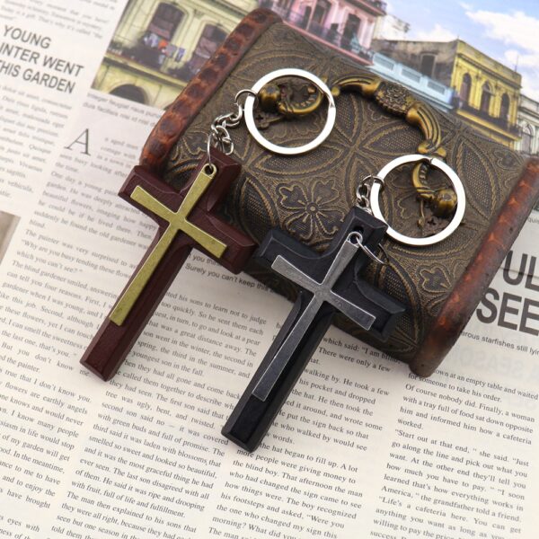 oly-e83ce12940410b6d5a9a312fc48159d3 Wholesale Double Layer Alloy and Wood Cross Keychain Vintage Pastoral Style Unisex Bag Charm