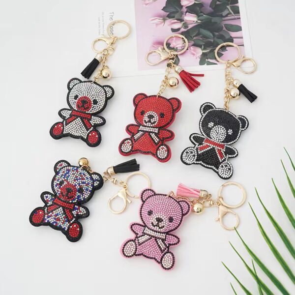 Wholesale Cute Cartoon Bear Rhinestone Keychain with Tassel White Alloy Bag Charm Boutique Resale