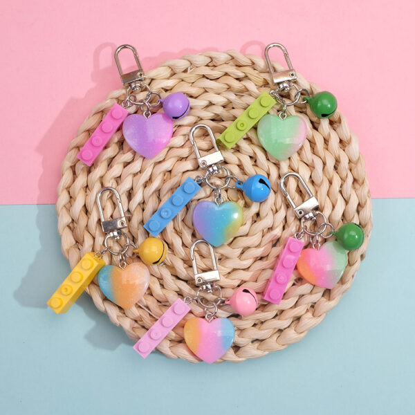 Wholesale Resin Heart Bell Keychain Candy Color DIY Building Block Bag Charm for Gifts Souvenirs