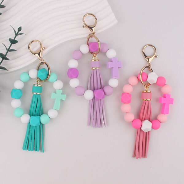 Wholesale Trendy Cross Silicone Bead Bracelet Keychain Pink Fashion Accessory Gift for Party