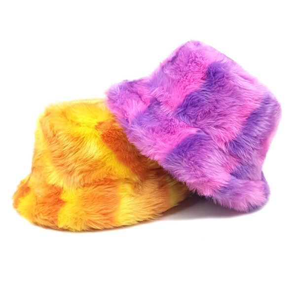 Wholesale Rainbow Tie Dye Plush Bucket Hat Thick Warm Winter Women's Outdoor Casual Hat