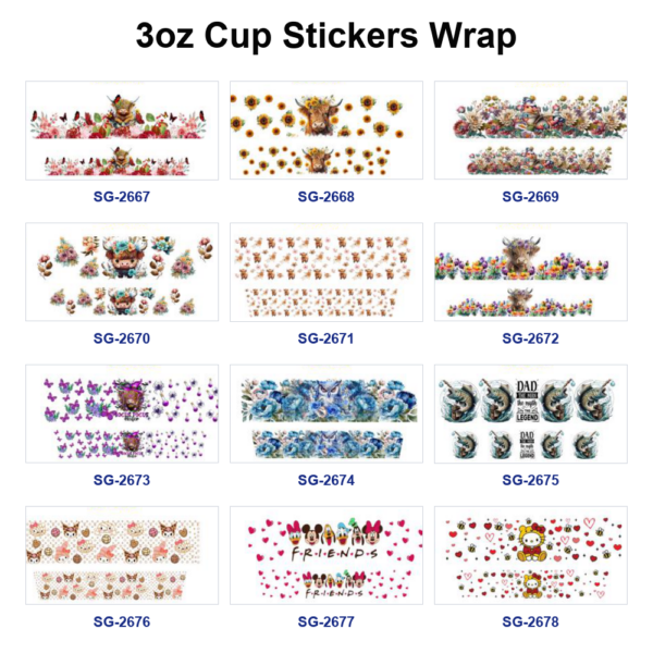 Wholesale 8pcs Highland Cow Floral Animal Print 3oz Cup Stickers Wrap OLY Exclusive
