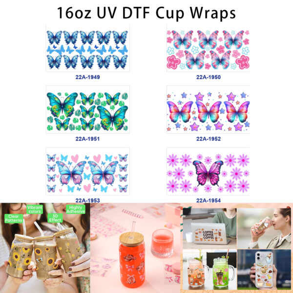 oly-eea6640a3b62031547cad38ba8e6e546 Wholesale 5pcs Fresh Pastel Watercolor Butterfly Figure Flower Leaf Star Heart Mixed Decor Prints 16oz Cup UV DTF Wraps