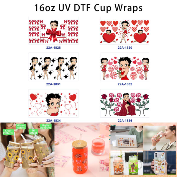 oly-eec3c22b323d3f6b30efe1d4e4acbc6f Wholesale 5pcs Valentine's Day Vintage BOW Theme Retro Cartoon Pin Up Maiden Heart Red Rose Star Balloon Mixed Decor Prints 16oz Cup UV DTF Wraps OLY Exclusive