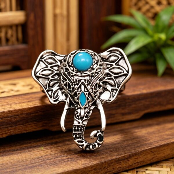 oly-eecaf90083ee11a16a93471a04652198 Wholesale Vintage Silver Elephant Hollow Ring with Turquoise Inlay, Ethnic Style Women's Jewelry Accessory for Boutique Resale