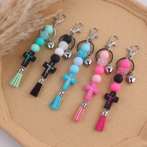 Wholesale Silicone Cross Tassel Beaded Keychain Black White Car Key Accessory Boutique Resale