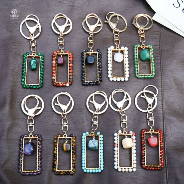 Wholesale Bohemian Amethyst Crystal Rectangle Tassel Keychain Bag Charm Handmade Car Key Accessory